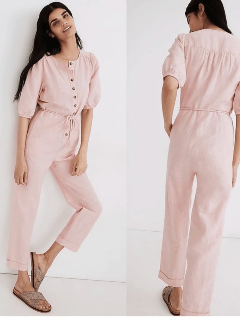 Madewell Pink Linen Puff Sleeve Jumpsuit | Size L